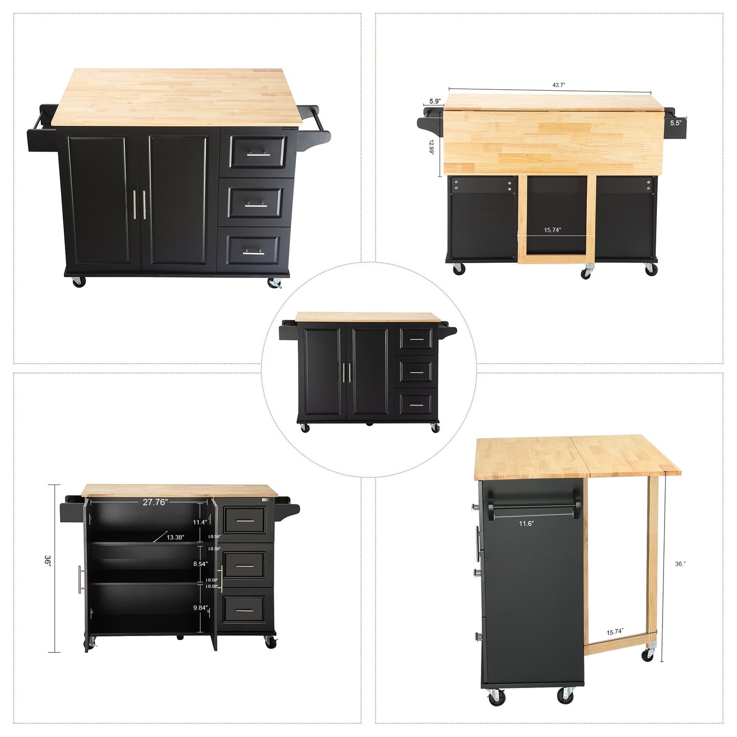 Mobile Kitchen Island with Rubber Wood Top, Adjustable Shelves & Spice Rack - Black-Beech Finish