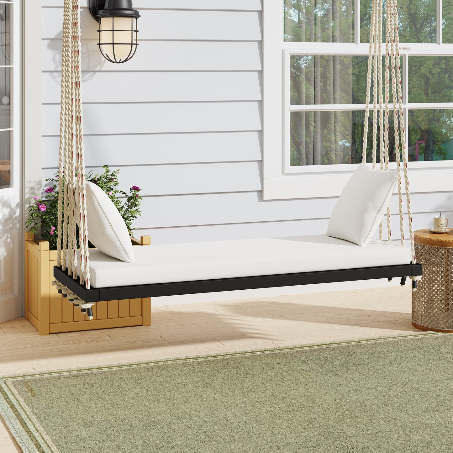 Two Person Patio Swing Chair With Cushions And Pillows Acacia Wood Frame 10.8 Ft Hemp Rope Minimalist Garden Swing Black