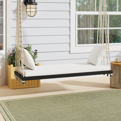 Two Person Patio Swing Chair With Cushions And Pillows Acacia Wood Frame 10.8 Ft Hemp Rope Minimalist Garden Swing Black