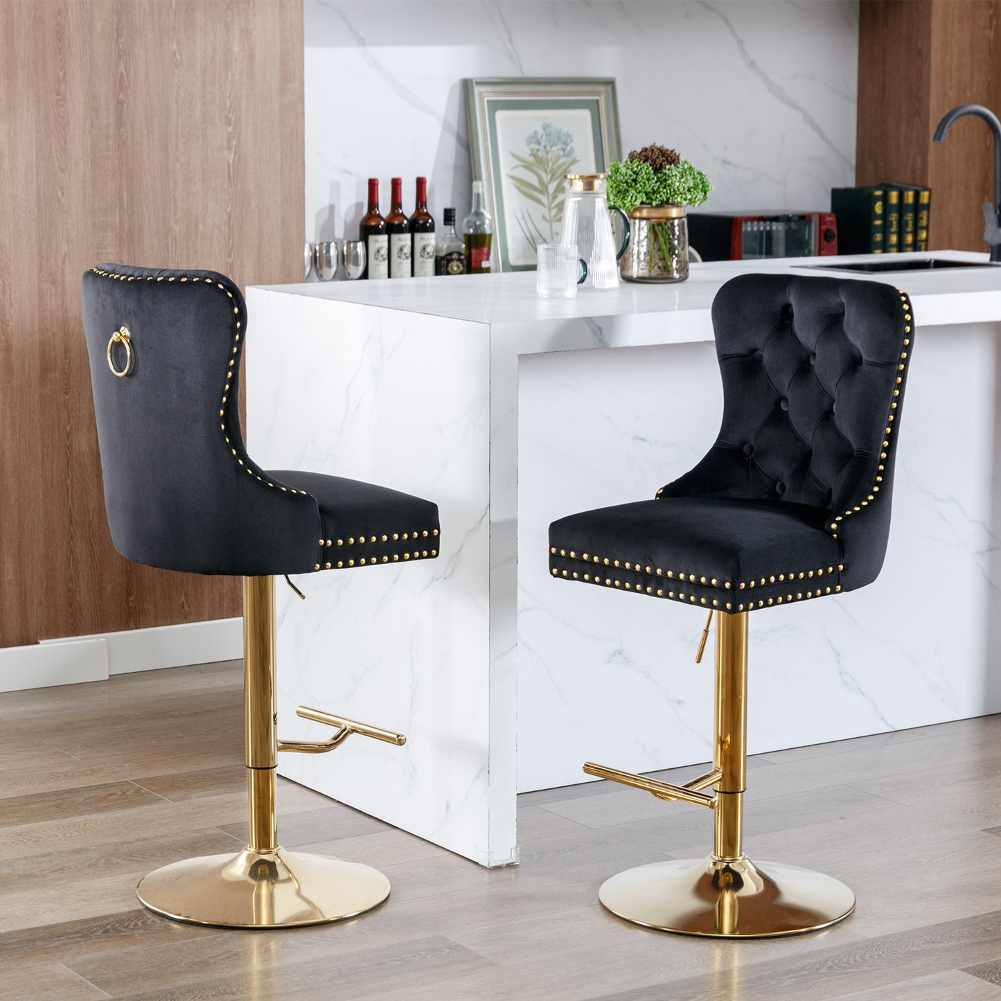 Black Velvet Bar Stools Adjustable Height 27 To 35 Inches