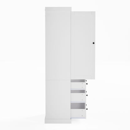Tall White Farmhouse Kitchen Pantry - 77" Freestanding Storage Cabinet with Adjustable Shelves, Door Shelves, and Drawers