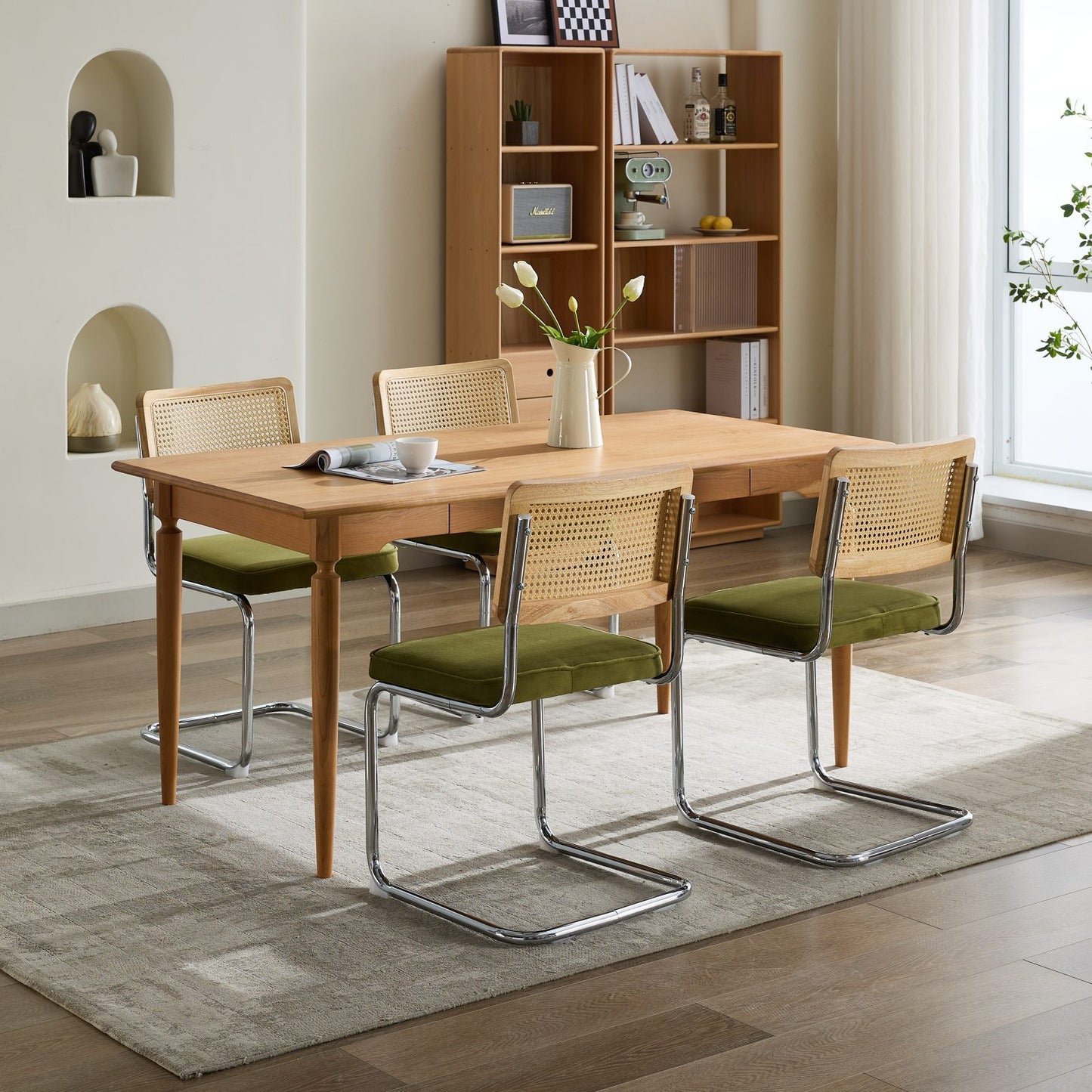 Set of 2 Velvet Dining Chairs with Rattan Back and Cantilever Chrome Base, Mid-Century Style, Olive Green
