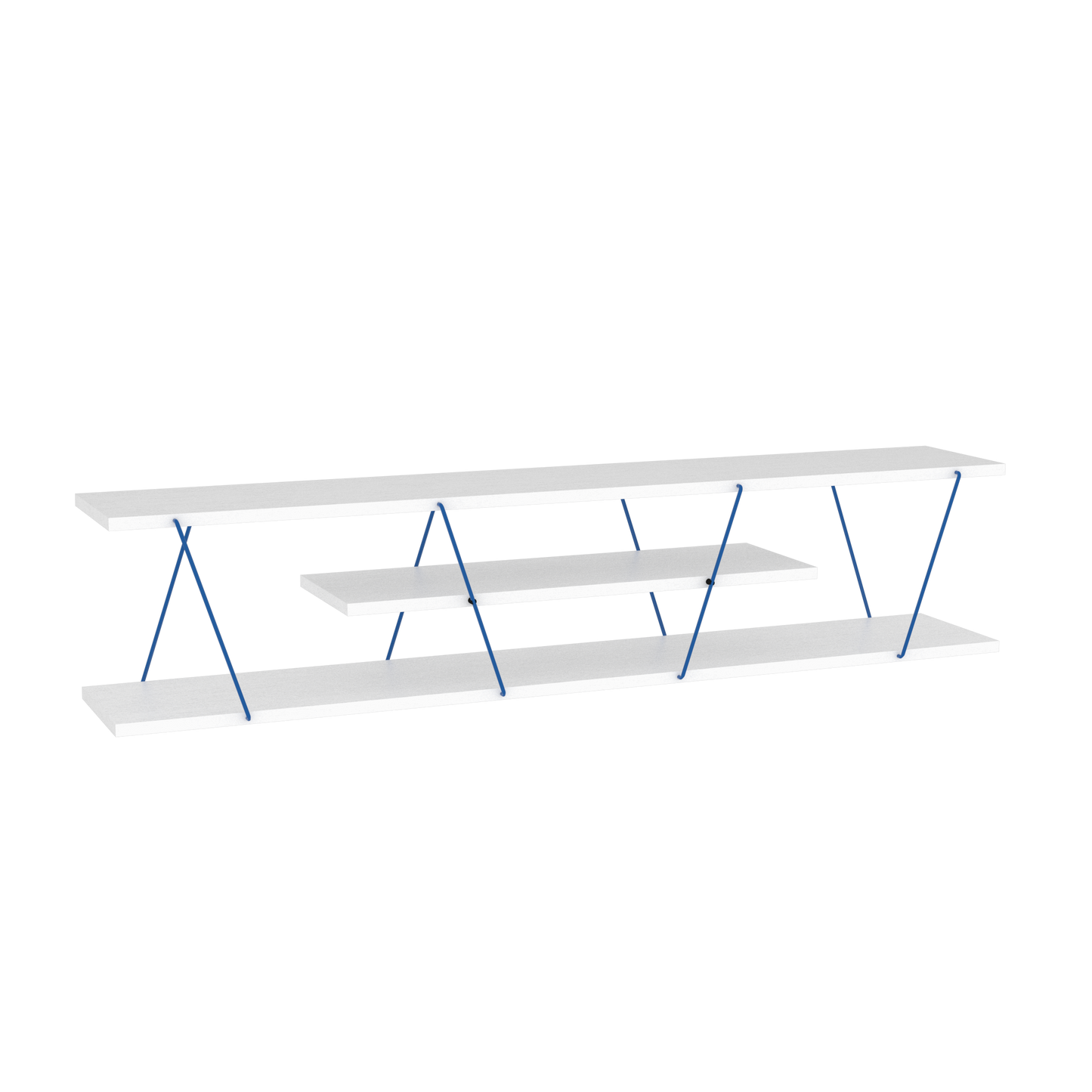 56-Inch Mid-Century Modern TV Stand, 4 Open Shelves, Solid Wood Media Console, Low-Profile White/Blue