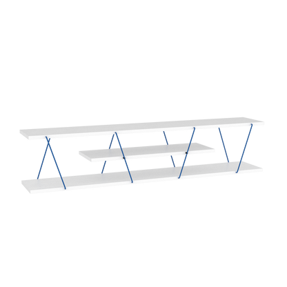 56-Inch Mid-Century Modern TV Stand, 4 Open Shelves, Solid Wood Media Console, Low-Profile White/Blue