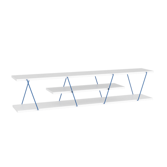 56-Inch Mid-Century Modern TV Stand, 4 Open Shelves, Solid Wood Media Console, Low-Profile White/Blue