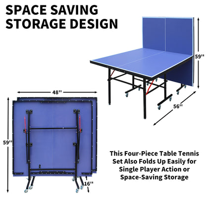 Regulation-Size 8ft Indoor Table Tennis Table, Foldable & Portable with Net, Paddles & 3 Balls Blue
