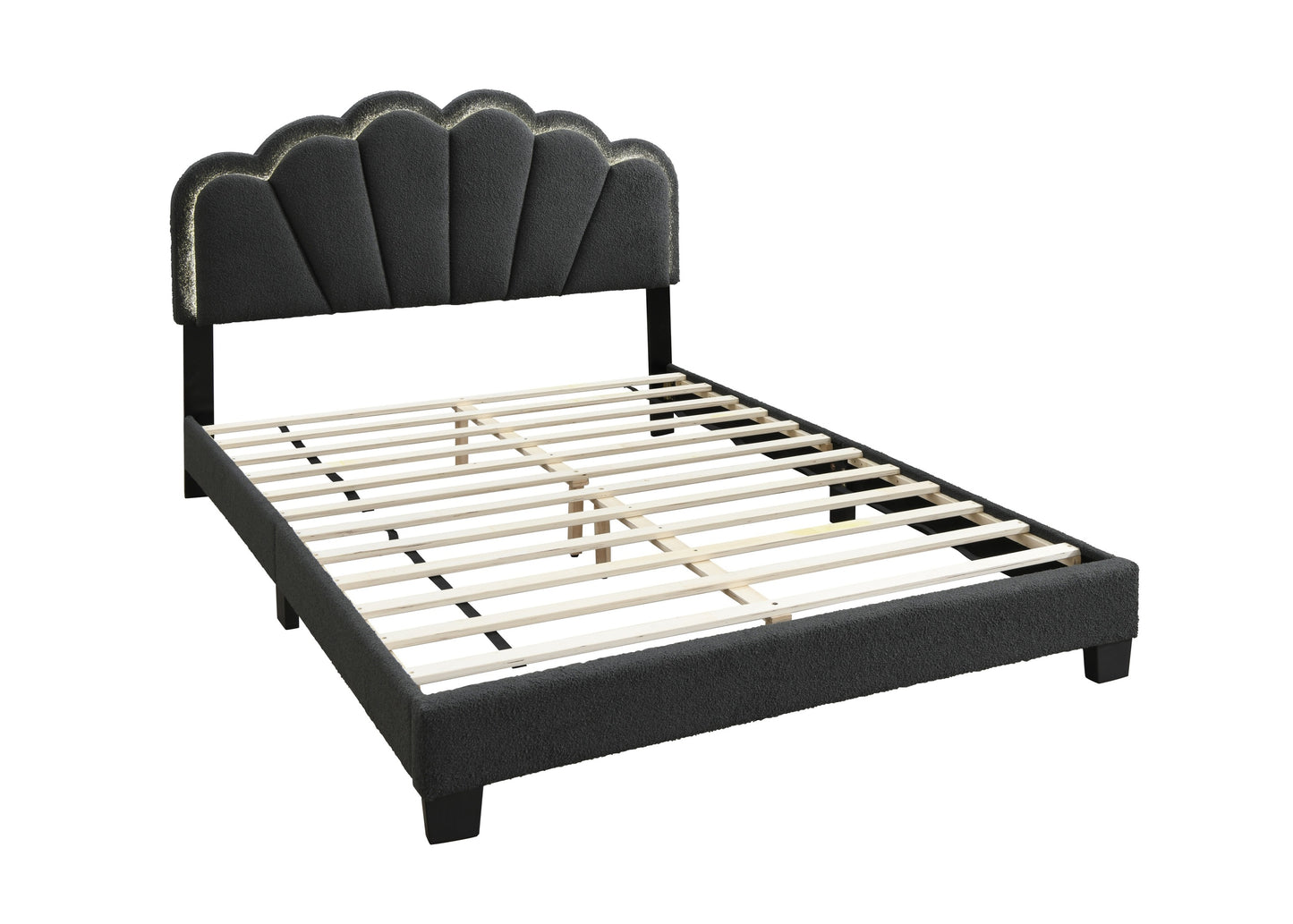 Elegant Charcoal Wool Floral Queen Bedframe with LED Lighted Headboard