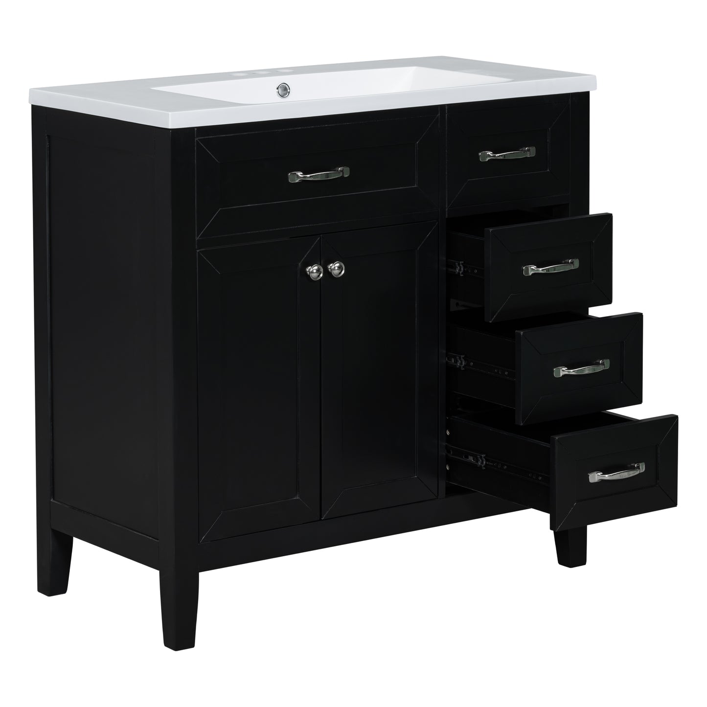 Stylish 36-Inch Black Bathroom Vanity with Integrated Sink, Durable MDF and Solid Wood Construction, Convenient Storage Drawers