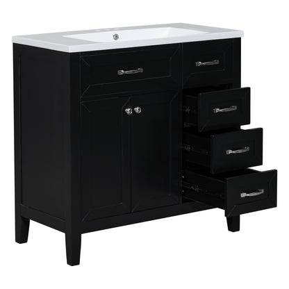 Stylish 36-Inch Black Bathroom Vanity with Integrated Sink, Durable MDF and Solid Wood Construction, Convenient Storage Drawers
