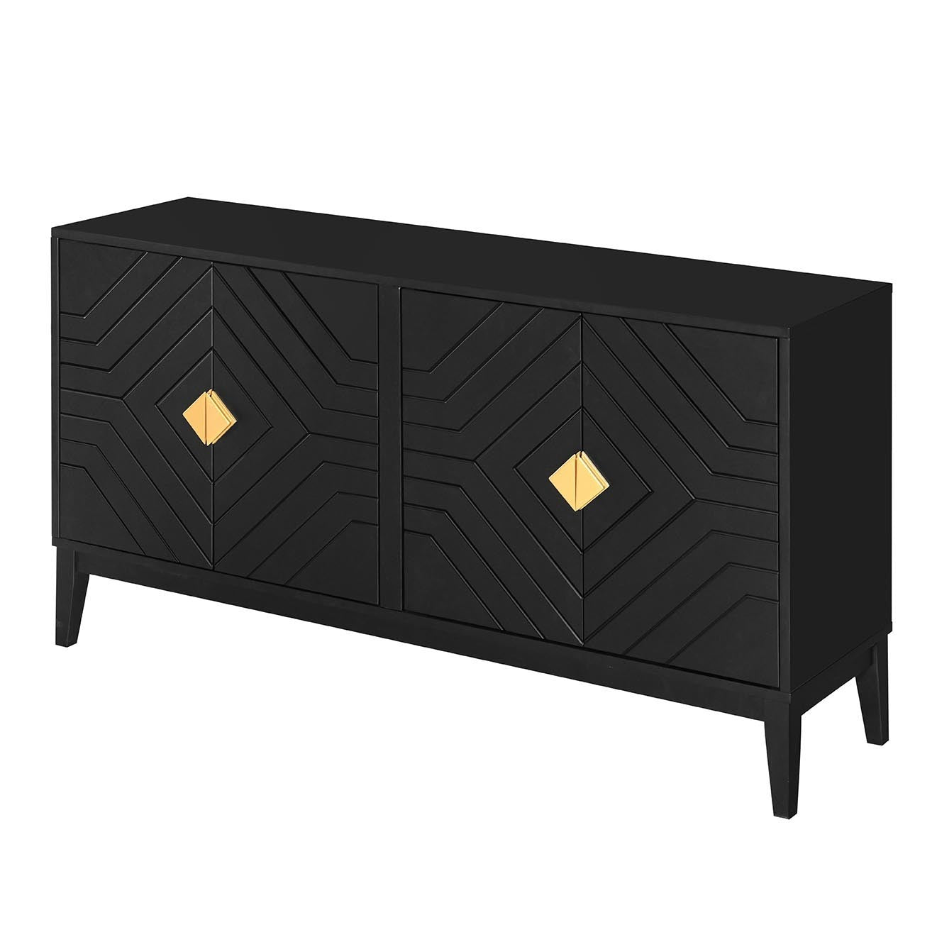 4-Door Sideboard Storage Cabinet for Living Room and Dining Room, Two Large Cabinets with Gold Handles and Adjustable Shelf, Black