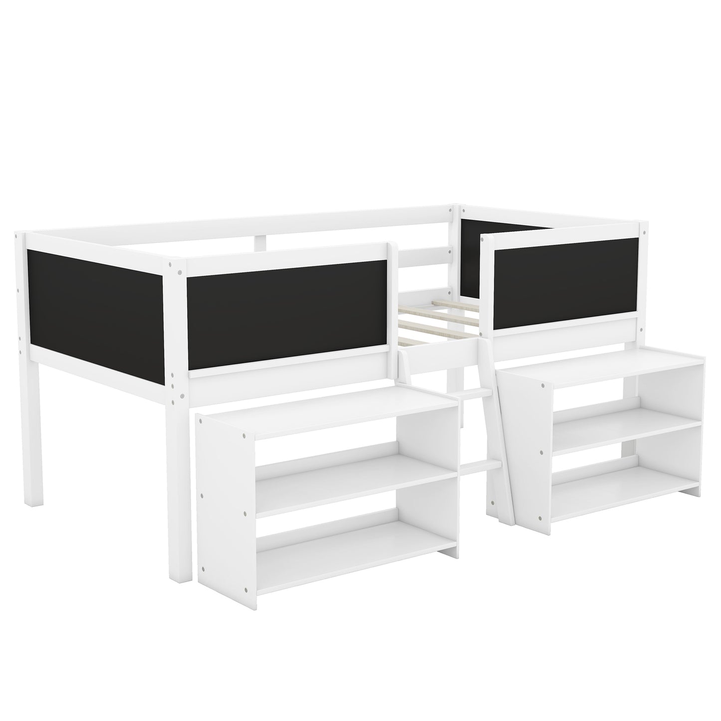 Twin Size Creative Low Loft Bed with Movable Storage Shelves and Chalkboard Guardrail, White