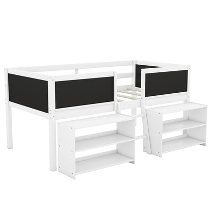 Twin Size Creative Low Loft Bed with Movable Storage Shelves and Chalkboard Guardrail, White