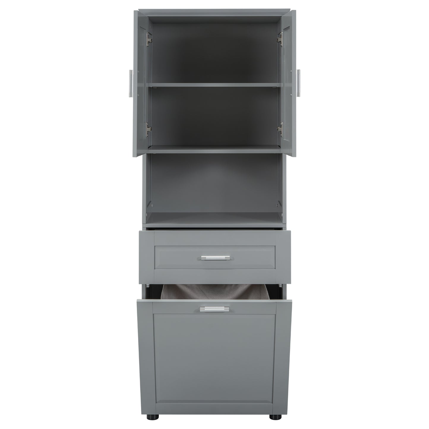 Tall Grey Storage Cabinet with Removable Laundry Hamper, Multi-Functional Upper Shelves and Cabinet Doors