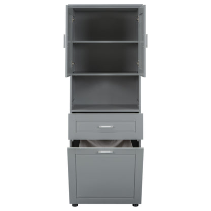 Tall Grey Storage Cabinet with Removable Laundry Hamper, Multi-Functional Upper Shelves and Cabinet Doors