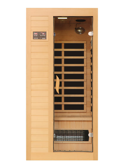 1-2 Person Far Infrared Home Sauna with Low EMF, LED Control Panel, Tempered Glass Door Natural Wood