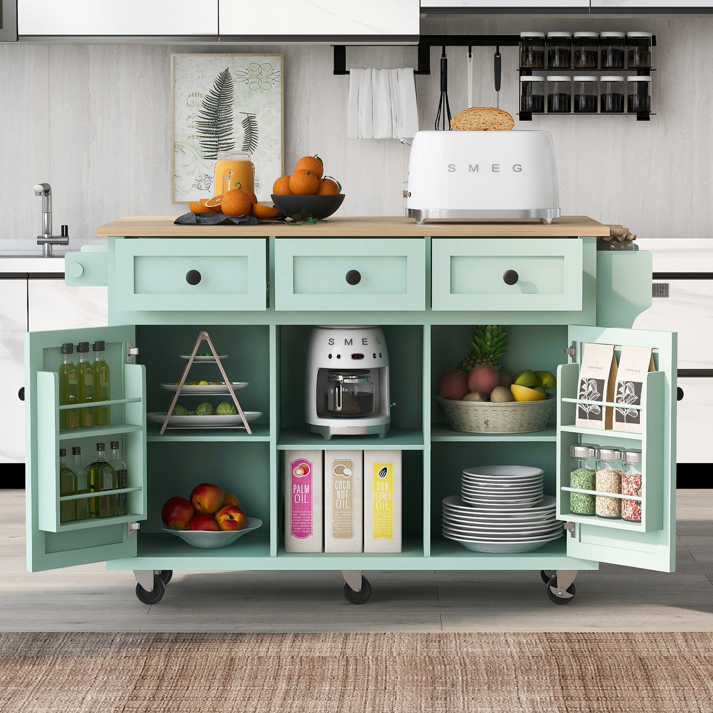 Mint Green Kitchen Island Cart with Drop-Leaf Rubberwood Top, Storage Cabinet, and 3 Drawers on Wheels