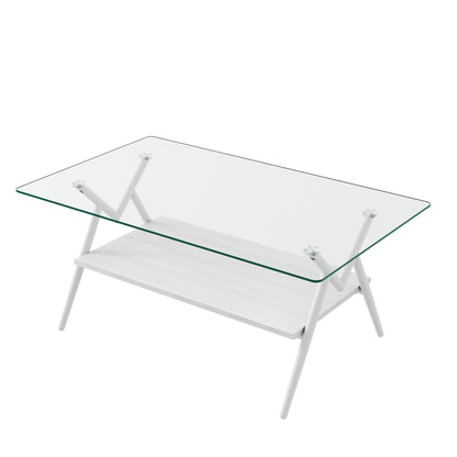 Modern Coffee Table with Tempered Glass Top and Metal Legs 38.6 x 22.83 x 17.3 in MDF Base Transparent