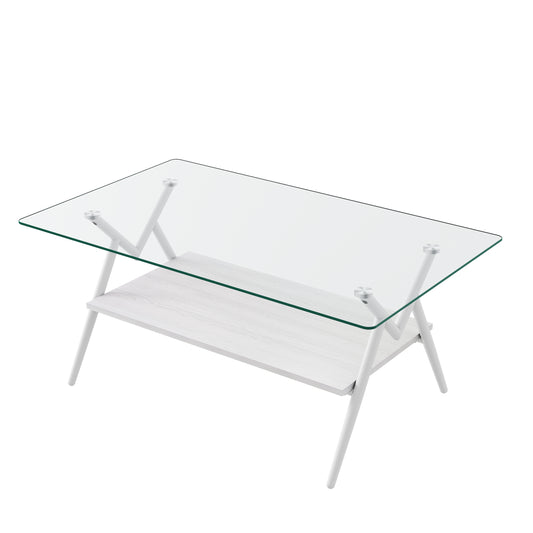 Modern Coffee Table with Tempered Glass Top and Metal Legs 38.6 x 22.83 x 17.3 in MDF Base Transparent