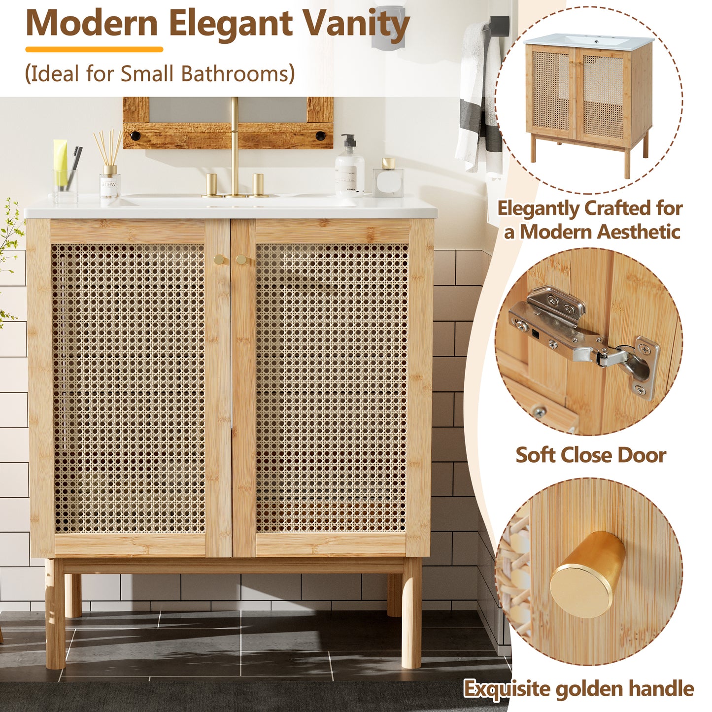 Elegant 30-Inch Natural Bamboo Bathroom Vanity with Artisanal Rattan Doors and Soft-Close Mechanism