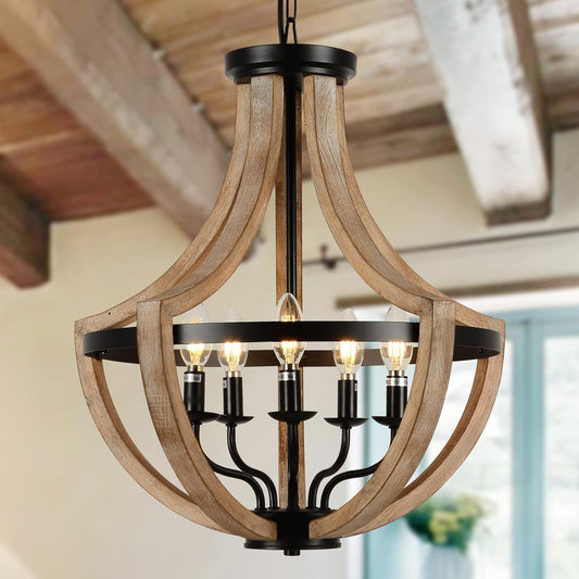 5-Light Farmhouse Pendant Chandelier for Dining Room & Kitchen Island Height Adjustable 19 in Brown