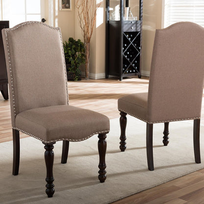 Set of 2 Contemporary Transitional Chairs, Padded Fabric, Solid Wood, Turned Legs, Beige + Antique Cherry