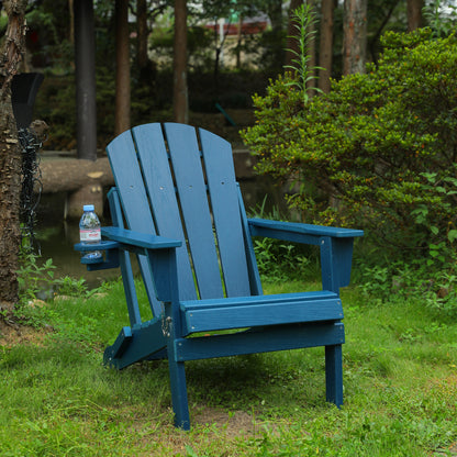 HDPE Folding Adirondack Chair With Dual Cup Holder For Outdoor Garden Weather Resistant Wood Texture Finish Navy Blue