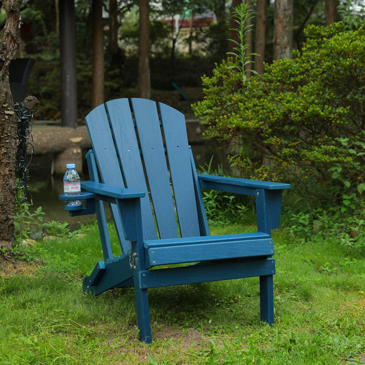 HDPE Folding Adirondack Chair With Dual Cup Holder For Outdoor Garden Weather Resistant Wood Texture Finish Navy Blue
