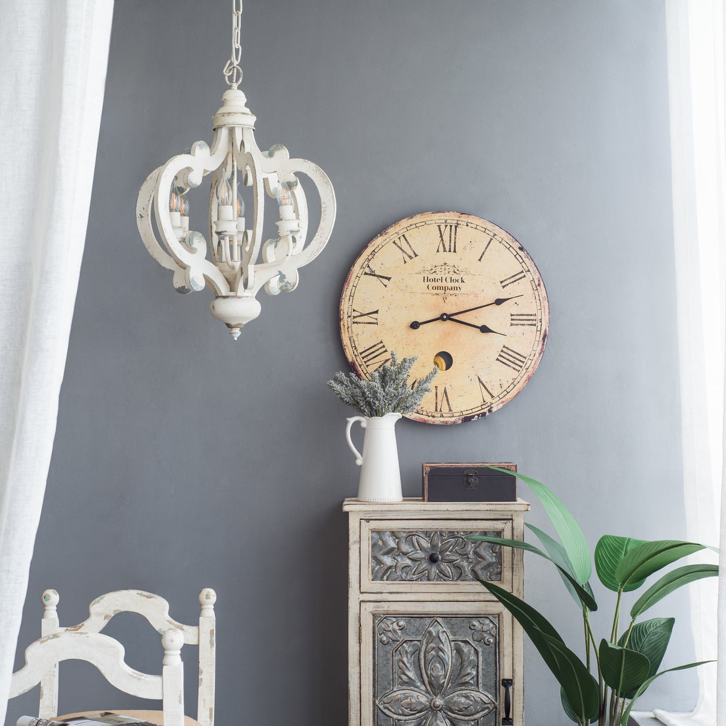 French Country 6-Light Wood Chandelier with Adjustable Chain, Bulbs Not Included, Whitewashed Beige