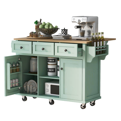 Mint Green Kitchen Island Cart with Drop-Leaf Rubberwood Top, Storage Cabinet, and 3 Drawers on Wheels