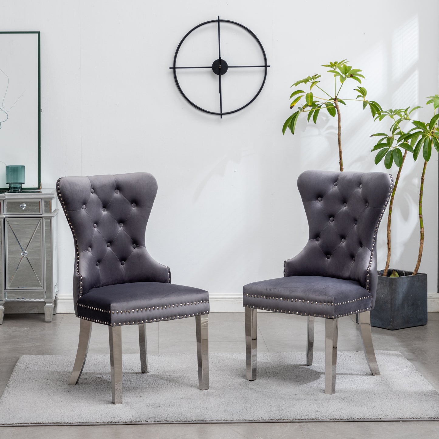 Montura Contemporary Tufted Velvet Chair with Nailhead Trim, Set of 2, Gray