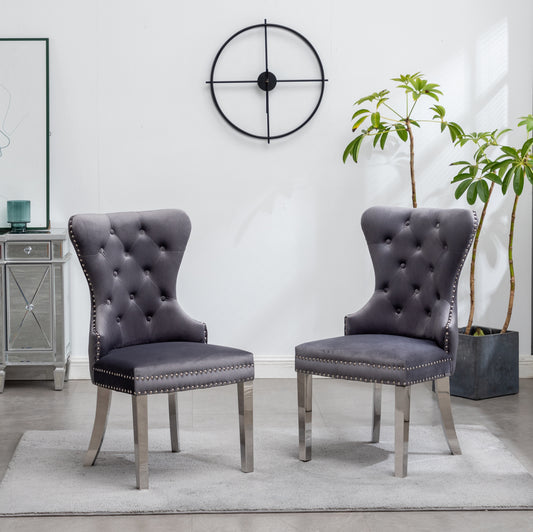 Montura Contemporary Tufted Velvet Chair with Nailhead Trim, Set of 2, Gray