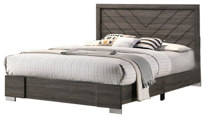 Stylish Grey Wooden Queen Bed with Unique Headboard Design