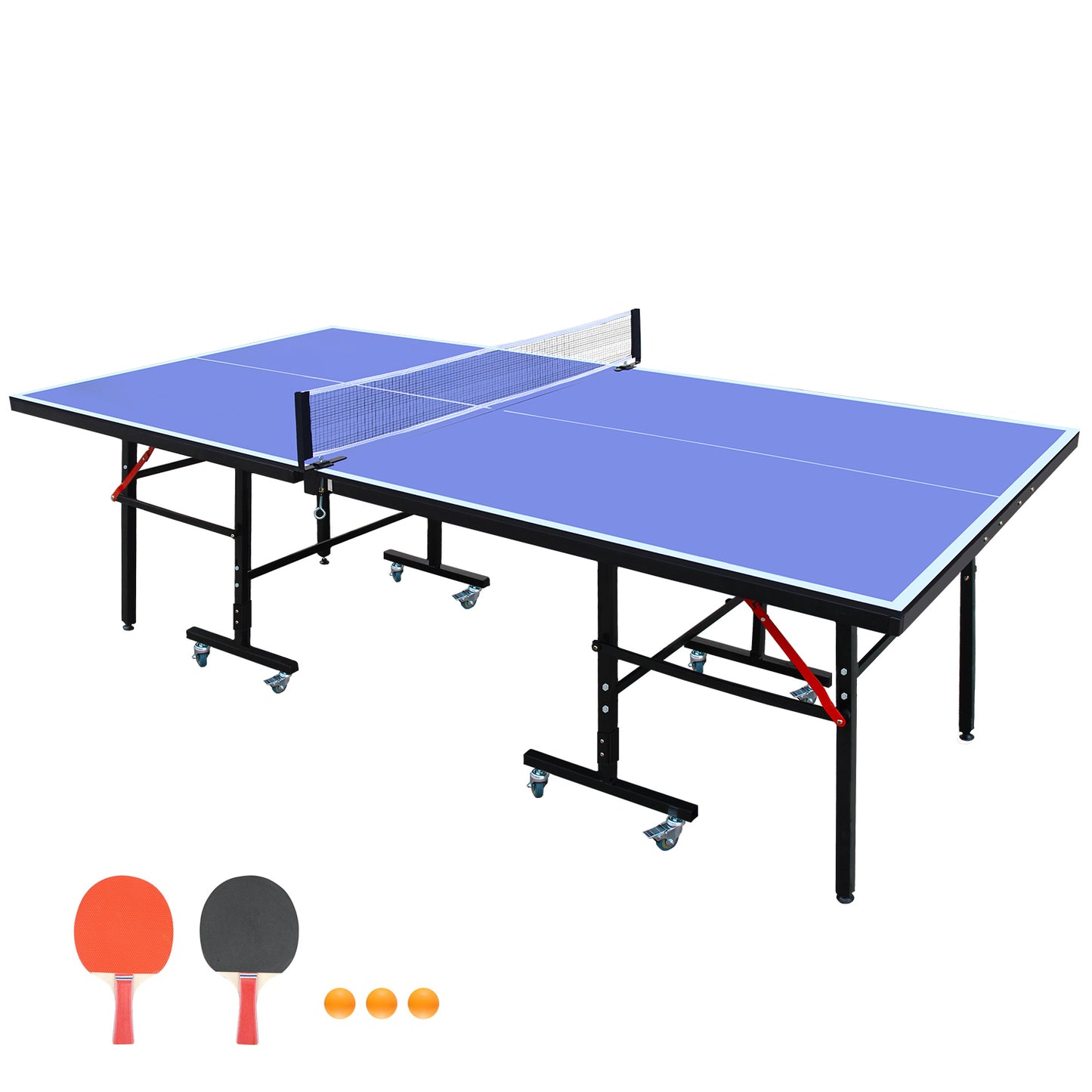 8ft Table Tennis Table, Foldable & Portable Ping Pong Set with Net, 2 Paddles & 3 Balls, Storage Blue