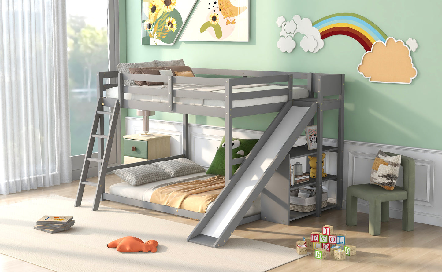 Gray Full Over Full Bunk Bed with Slide, Ladder, and Storage Shelves