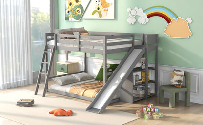 Gray Full Over Full Bunk Bed with Slide, Ladder, and Storage Shelves