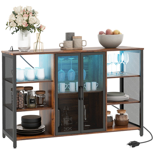 Rustic Brown LED Wine Cabinet With Glass Holders Charging