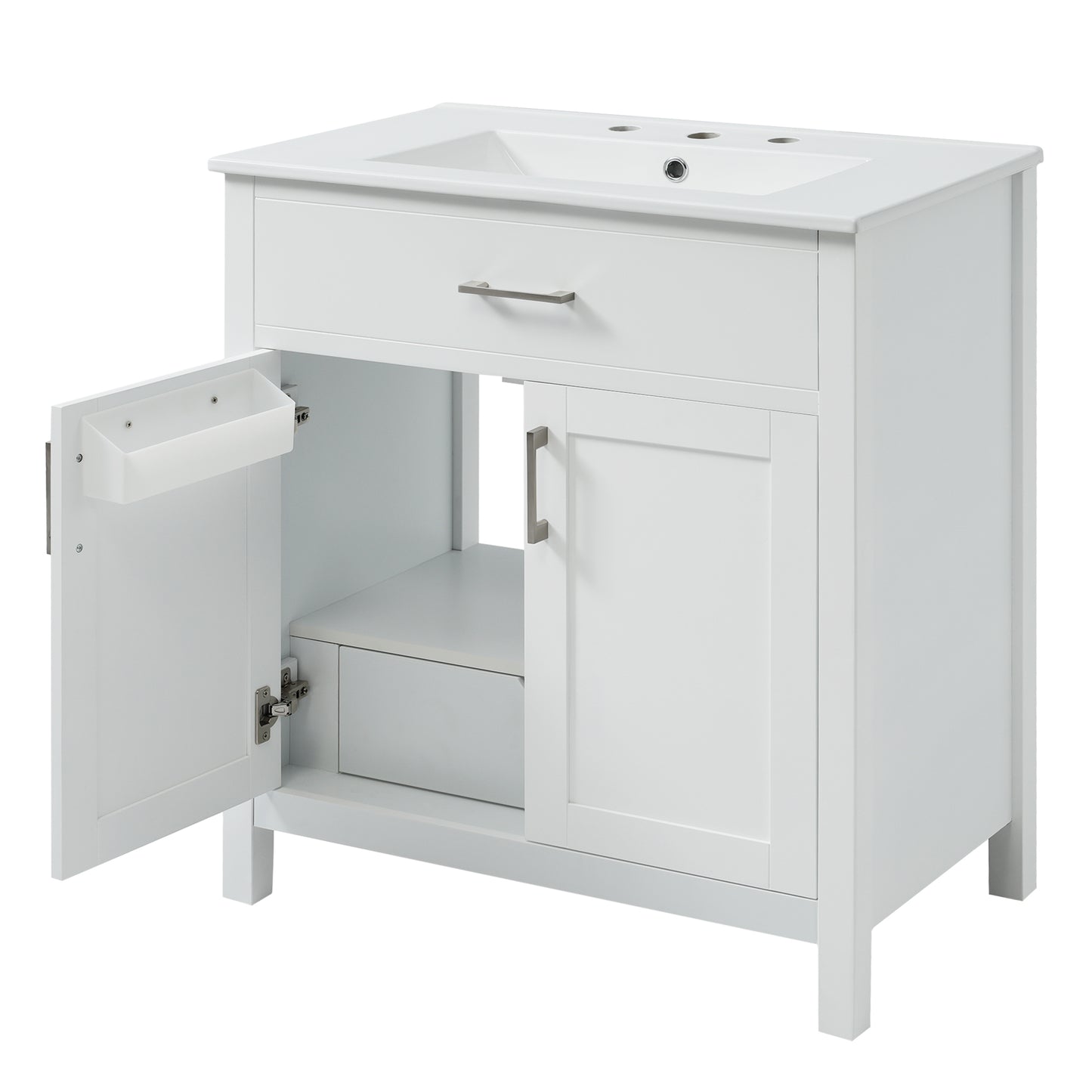 Elegant 30-Inch White Bathroom Vanity with Ceramic Sink and Ample Storage for Compact Spaces
