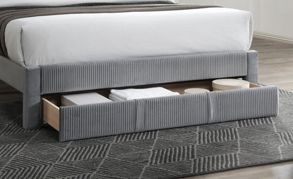 Elegant Gray Corduroy Queen Size Bed Frame with Storage Drawer and Modern Design