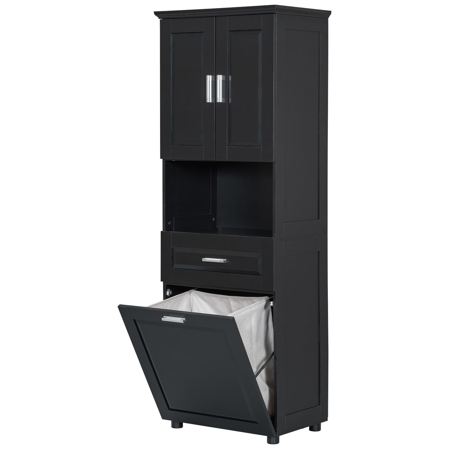 Stylish Tall Black Bathroom Storage Cabinet with Removable Laundry Basket and Ample Organizing Space