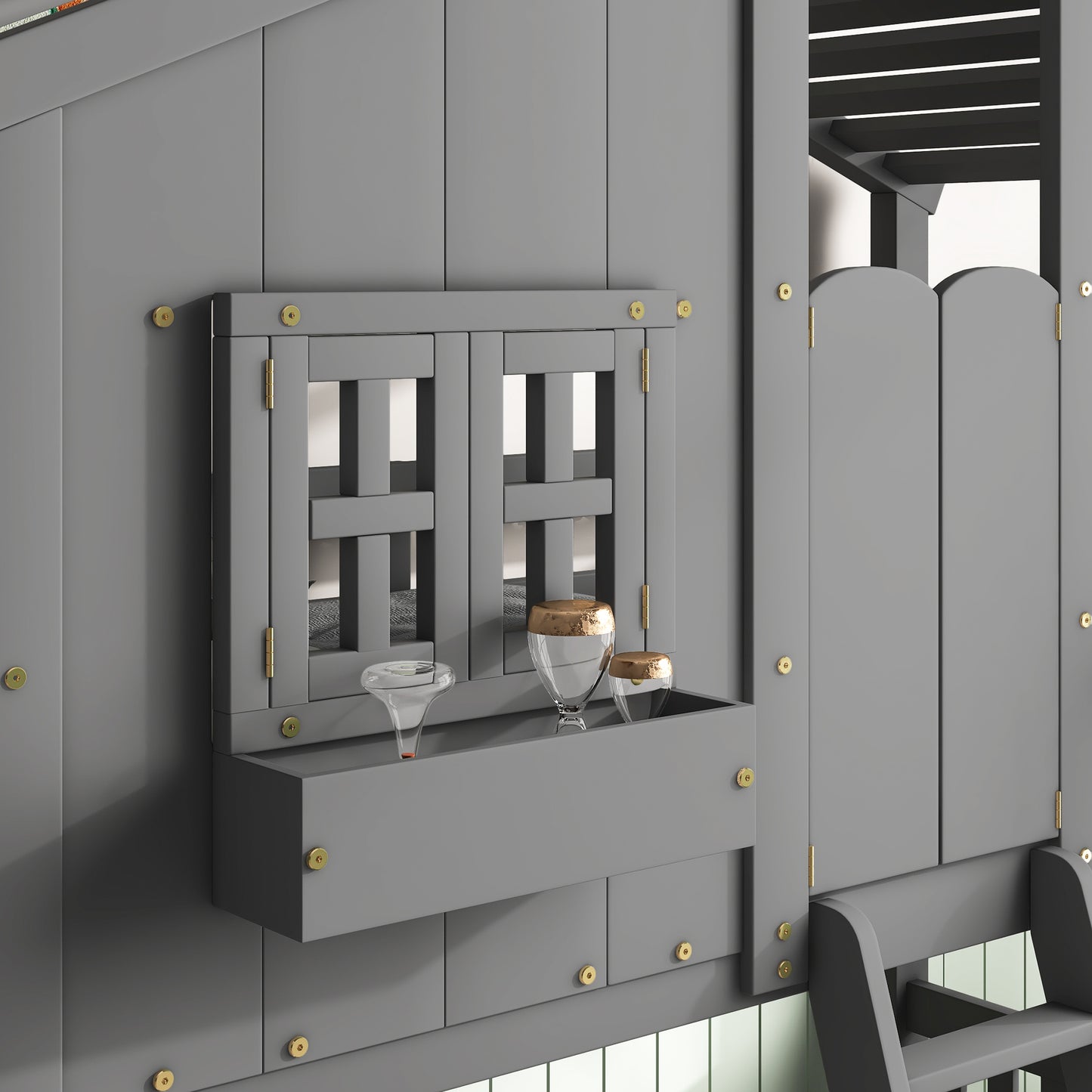 Twin House Bunk Bed for Kids with Roof and Windows - Twin Over Twin Design in Grey