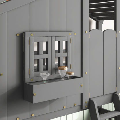 Twin House Bunk Bed for Kids with Roof and Windows - Twin Over Twin Design in Grey