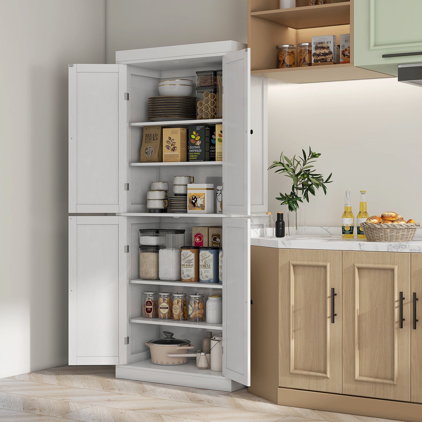 Elegant 72.5" White Freestanding Kitchen Pantry with Adjustable Shelves and 4 Doors