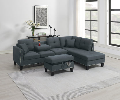 3-Piece Sectional Sofa Set: LAF Sofa, RAF Chaise & Storage Ottoman, Linen-Look Fabric, Charcoal