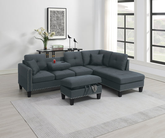 3-Piece Sectional Sofa Set: LAF Sofa, RAF Chaise & Storage Ottoman, Linen-Look Fabric, Charcoal