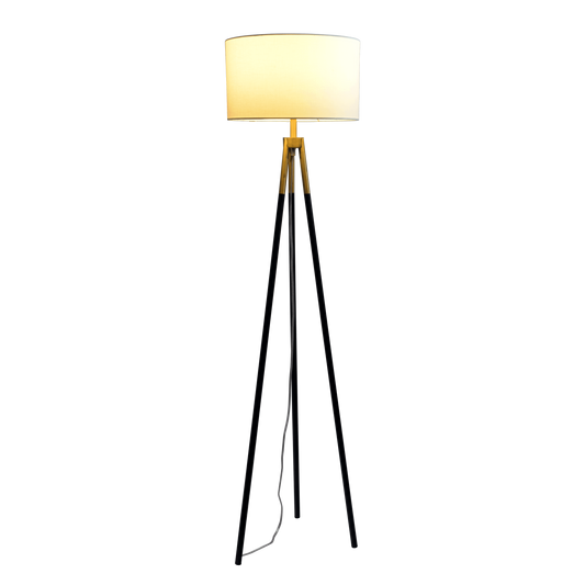 Floor Lamp with On/Off Switch, Triple-Leg Metal Frame, White Fabric Shade, Room Lighting Brassed Gold