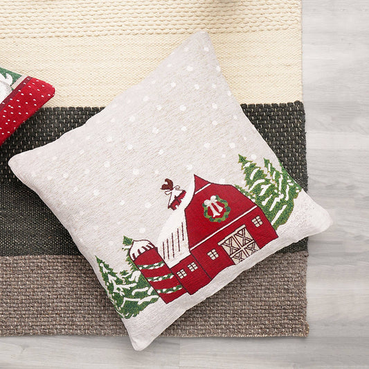 Snow Hut Jacquard Throw Pillow 24x24, Polyester Blend, Plush Filler, Sofa or Bed Decor White+Red
