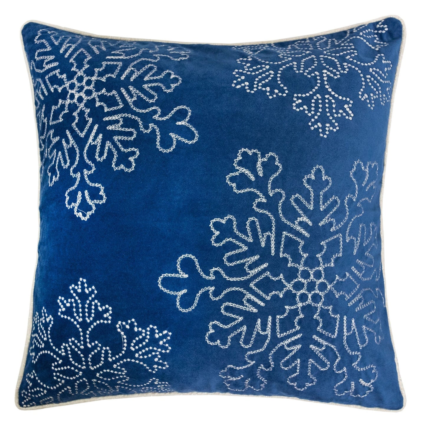 20x20 Velvet Holiday Throw Pillow with Silver Snowflake Embroidery, Includes Insert, Hidden Zipper, Blue
