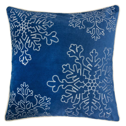 20x20 Velvet Holiday Throw Pillow with Silver Snowflake Embroidery, Includes Insert, Hidden Zipper, Blue