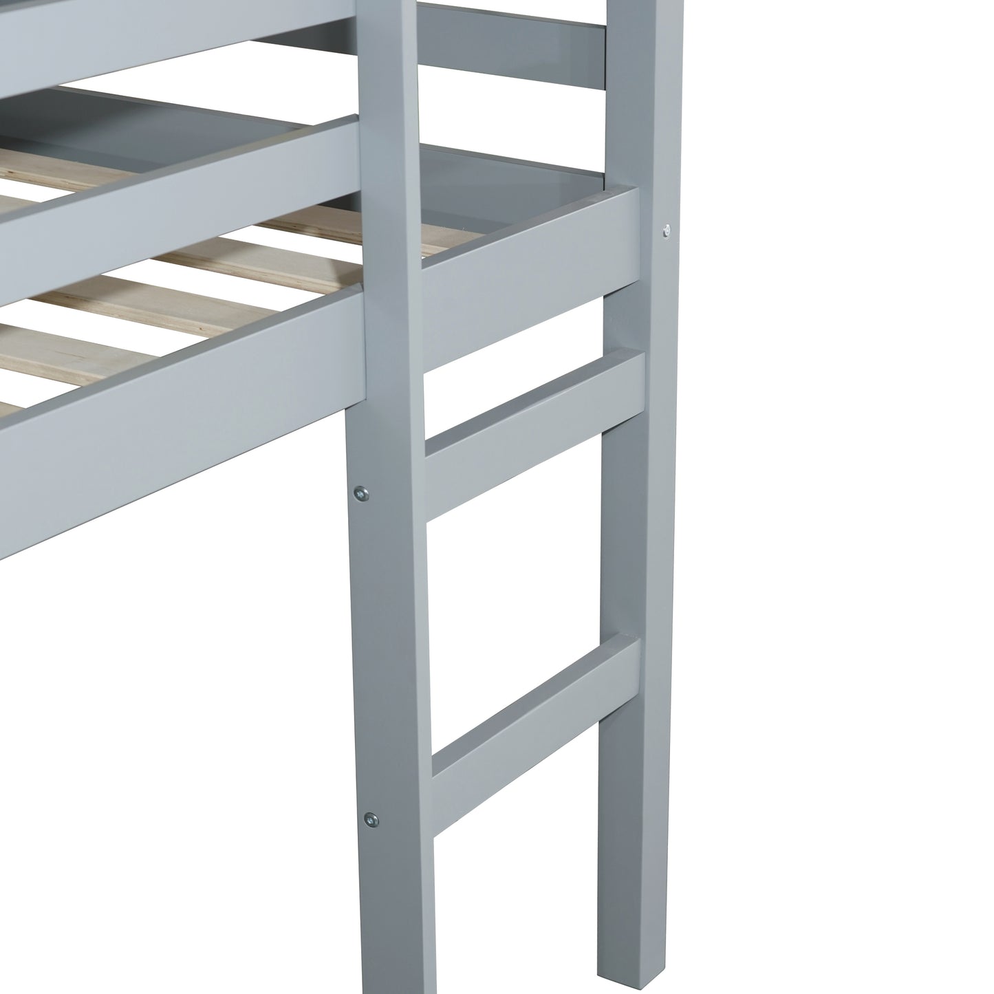 Grey Solid Rubber Wood Twin Loft Bed with Ladder and Sturdy Slat Support