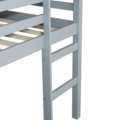 Grey Solid Rubber Wood Twin Loft Bed with Ladder and Sturdy Slat Support